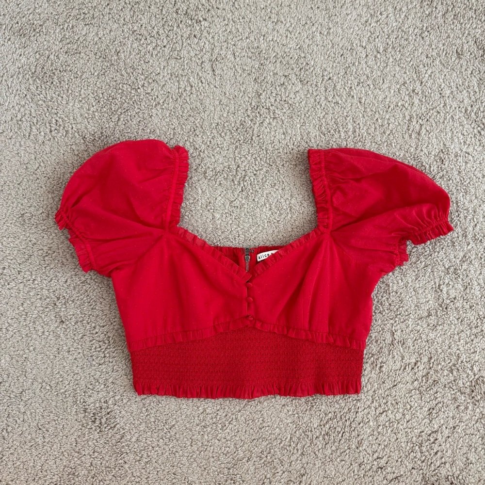 Alice + Olivia Red Milkmaid Puff Sleeve Cropped Cottagecore Shirt Size XL